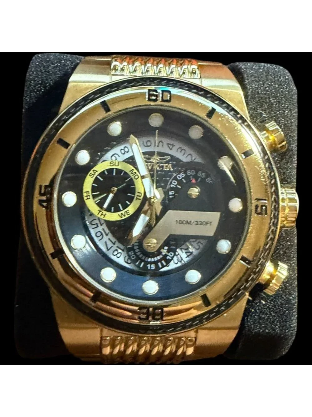 Invicta Mens Gold Stainless Steel Chronograph Watch 100M Water Resistant Quartz